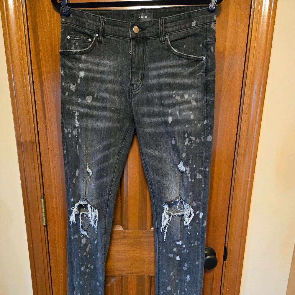 AMIRI PAINT SPLATTER DISTRESSED SKINNY DENIM JEANS BLACK GREY 30x29 MENS